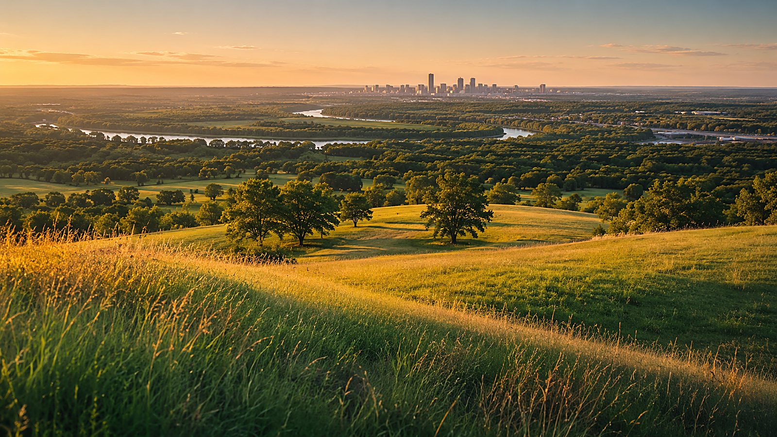 Green Country countryside overlooking the Tulsa skyline at golden hour